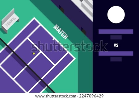 Vector rectangular blank colorful sport template with purple court and name tags for tennis match.
