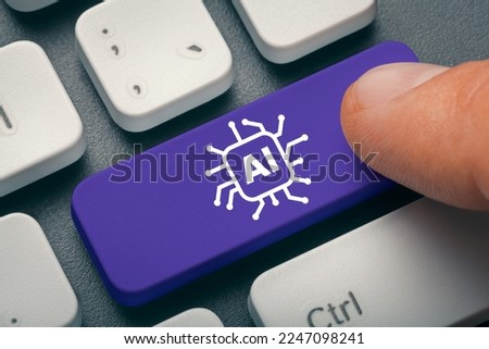 AI I Artificial Intelligence concept: Close up index finger pressing computer key with AI word and symbol. Visualization of machine learning computer technology, industry 4.0