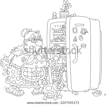 Funny plump housewife and her merry chubby cat peeking into a kitchen fridge full of tasty things to have a bite to eat, black and white outline vector cartoon illustration