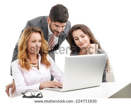 Sales people discussing ideas while sitting at office  against white background.