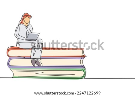 Continuous one line drawing Arab male studying with laptop and sitting on pile of big books. Back to campus, intelligent student, online education. Single line draw design vector graphic illustration