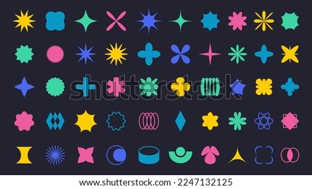 Brutalism geometric shapes. Minimalist abstract forms, basic shape elements and modern graphic figures vector set. Cartoon simple star, cross and flower flat stickers