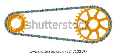 Bicycle drivetrain. Chain with cogwheels, bike transmission and bicycles gear wheels vector illustration. Transport part for movement, repair concept. Cartoon details arrangement isolated on white