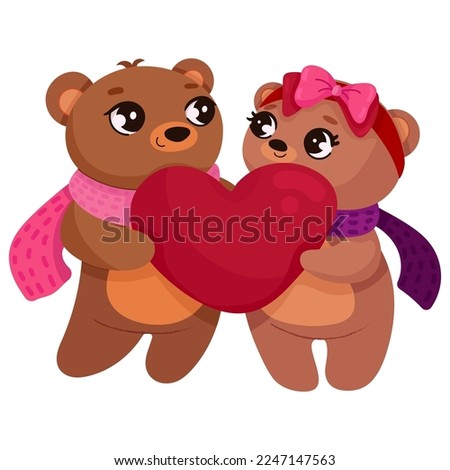 Single hand drawn pair of bears for Valentine s day. Vector illustration clip art. Cute element for greeting cards, posters, stickers and seasonal design. Isolated on white background.
