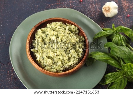 Cretan paste appetizer on dark background in wooden bowl - healthy food, wellness - Girit Ezmesi Royalty-Free Stock Photo #2247151653