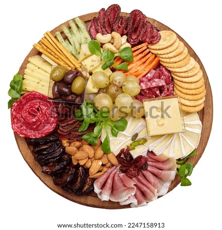 Appetizers boards with assorted cheese, meat, grape and nuts. Charcuterie and cheese platter. Top view on white background Royalty-Free Stock Photo #2247158913