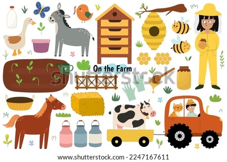 Cute farm animals set with cow, horse, donkey and goose. Little farmers, gardening equipment, tractor, beehive, milk, garden bed with sprouts and other elements. Vector illustration