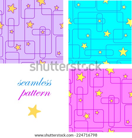 Set of bright  seamless abstract patterns with rectangles and stars