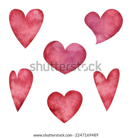 Watercolor hand drawn set of objects, textured red, pink hearts for Valentine's day. Isolated on white background. Design for paper, love, greeting cards, textile, print, wallpaper, wedding.