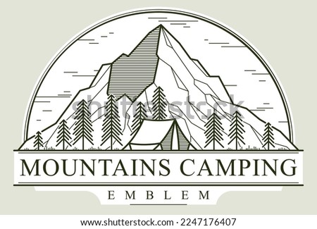 Camping tent in mountains range and pine forest vector linear emblem isolated on white, holidays and vacations in woods line art, design wanderlust logo.