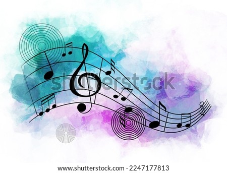 Staff with music notes and treble clef on color background