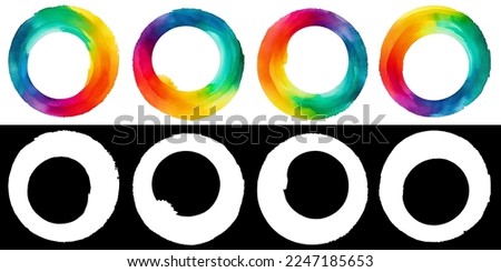 Hand drawn ring shapes of rainbow paint. Set of colorful ink textured brush circles isolated on white background with clipping mask (alpha channel) for quick isolation