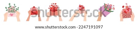 Set of female hands with beautiful letters for Valentine's Day o