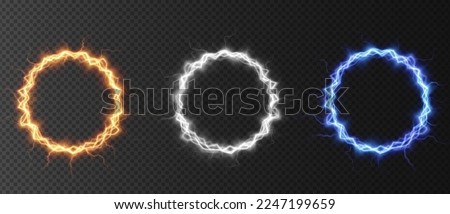 Powerful ball lightning gold, yellow, blue, red, green, pink set. A strong electric neon charge of energy in one ring. Element for your design, advertising, postcards, invitations, screensavers, websi