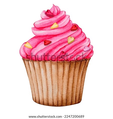 Watercolor cupcake. Clipart for the design of cards, invitations, menus, logos, labels, stationery. Element for Valentine's Day, birthday, mother's day, wedding, children's party, anniversaries.
