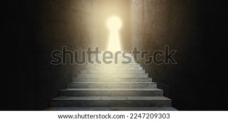 Ladder leading to success behind the keyhole door in the dark room. Light and shiny growing through from key hole. Business key way to success concept Royalty-Free Stock Photo #2247209303