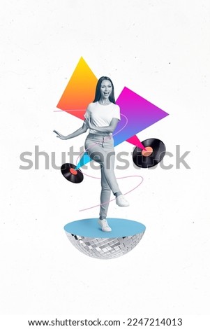 Vertical collage portrait of black white effect cheerful positive girl enjoy dancing disco ball vinyl record isolated on creative background