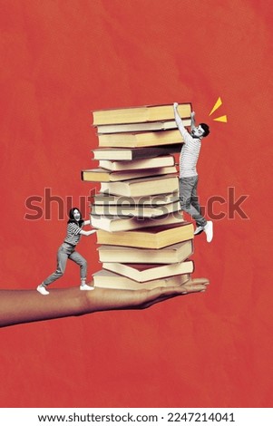 Creative photo 3d collage artwork poster postcard of young happy people buy many books preparing exam test isolated on painting background Royalty-Free Stock Photo #2247214041