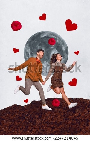 Collage photo advert honeymoon together couple lovely people girlfriend hand with boyfriend run cosmic near moon isolated on white background