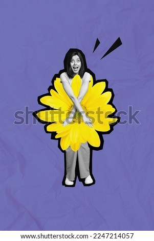 Creative photo 3d collage artwork poster postcard picture of crazy lady covering hiding body yellow daisy isolated on painting background