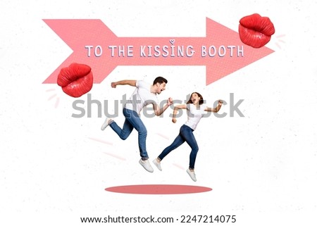 Creative collage template graphics image of funny funky lady guy running 14 february kissing booth isolated drawing background