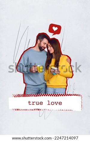 Photo collage artwork true love story concept of young cute relaxed harmony peaceful people drink coffee like symbol isolated on drawing background