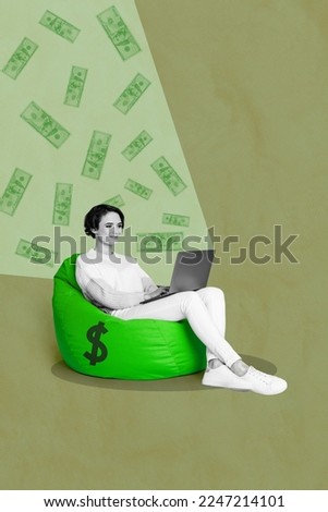 Creative photo 3d collage artwork poster postcard of successful lady sitting home office startup project isolated on painting background