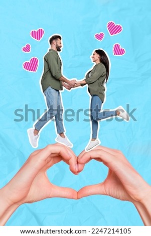 Creative artwork designed collage photo of young two jumping hands together valentine day stay love sign fingers isolated on painted blue background