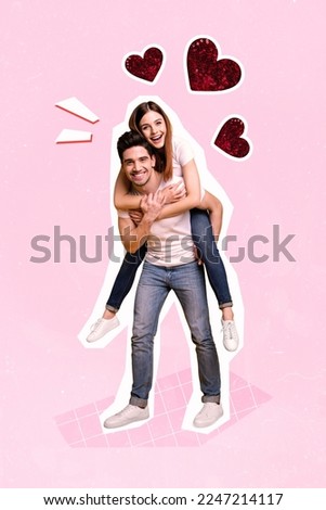 Composite collage photo of young piggyback rider girl her husband enjoy spend time february valentine day love shapes isolated on pink background