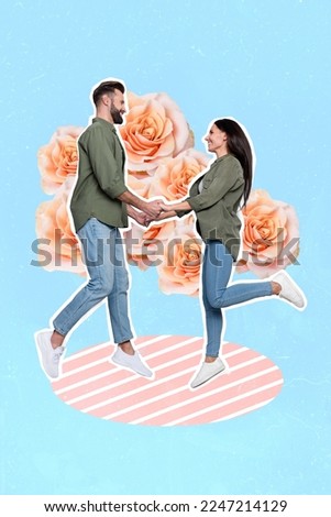 Collage photo banner celebrate march holiday woman day girl receive beige roses from boyfriend hands together jump isolated on blue background