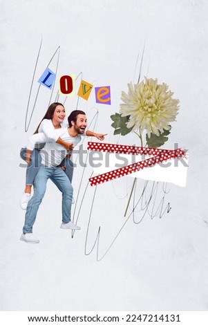 Collage photo promotion of young couple piggyback girlfriend ride her girlfriend love story direct finger white gerbera isolated on white background