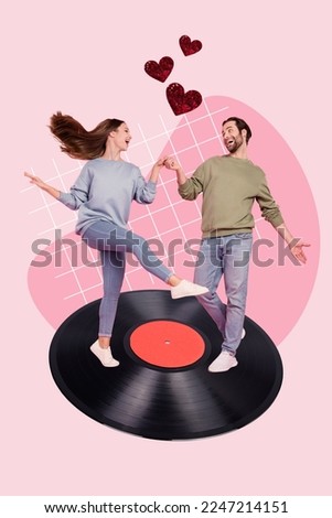 Vertical collage abstract picture of two mini cheerful people hold hands dancing big vinyl record isolated on drawing pink background Royalty-Free Stock Photo #2247214151