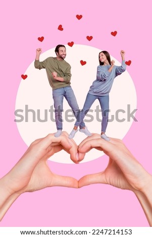 Vertical collage picture of two positive carefree people dancing big arms fingers demonstrate heart gesture isolated on pink background