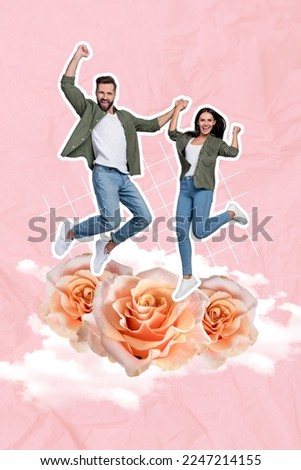 Collage photo of two young people jumping hold hands together ten years together big beige roses gift for anniversary isolated on pink background
