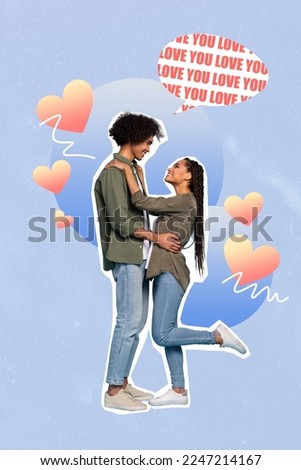 Photo collage of two young people hugs together guy touch waist his girlfriend say love you much times similar clothes isolated on painted background