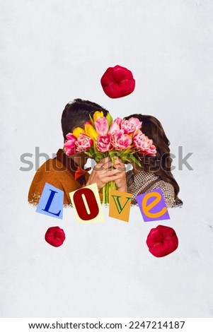 Vertical collage photo poster of lovely couple hide behind tulips fresh bunch feelings forever kisses anniversary isolated on white color background Royalty-Free Stock Photo #2247214187