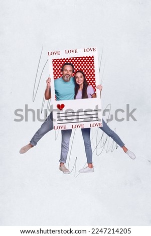 Vertical collage promo poster of love story couple hold paper frame take shot enjoy their honeymoon together isolated white color background