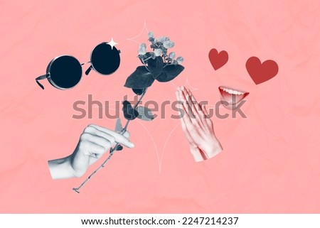 Composite collage picture of two people black white colors arms hold flower sunglass hearts instead eyes smiling mouth