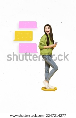 Creative photo 3d collage artwork poster picture of beautiful lady writing typing sms twitter facebook isolated on painting background