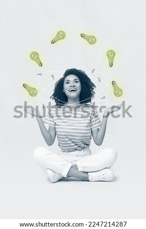 Creative photo 3d collage artwork poster picture of clever joyful girl manage ideas many tasks answers isolated on painting background