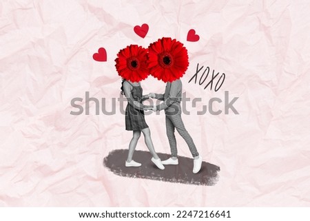 Collage photo of two young together people lovers headless red gerbera flower celebrate wedding day slow dance isolated on pink painted background