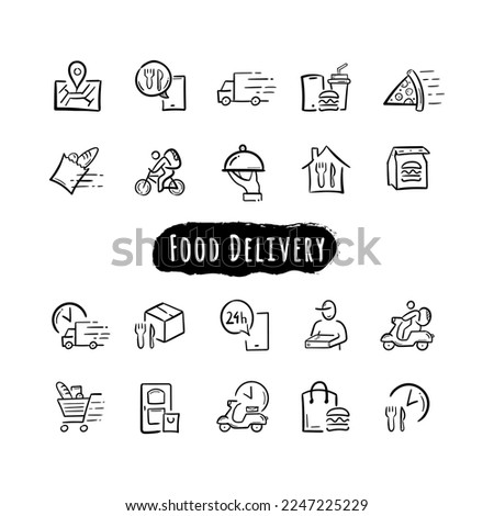 Set of Food Delivery Vector Line Icons Doodle. Hand Drawn Illustration of Courier on the bike, Food Box, Contactless Delivery.