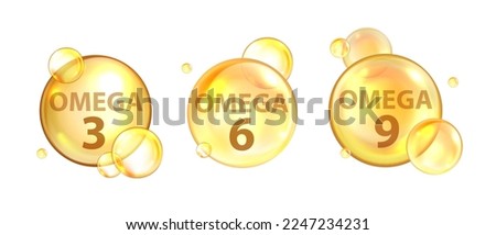 Omega 3 3D molecule bubble set, fish oil cell icon kit, vector vitamin medical nutrient tablet gel. Gold transparent sphere, health beauty care medicine advertisement. Omega 6 and 9 molecule clipart Royalty-Free Stock Photo #2247234231