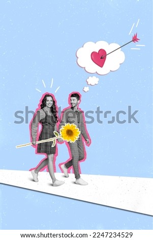 Creative collage photo of two people young couple walking hands together girlfriend hold sunflower gift amour arrow isolated on blue background