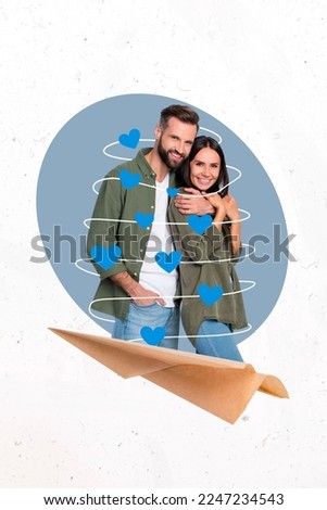 Vertical collage portrait of two positive lovers partners cuddle toothy smile drawing hearts isolated on creative background