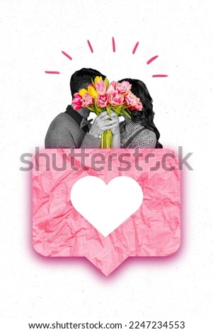 Creative photo collage of two lovely people couple kissing hiding fresh tulips bouquet pink paper love notification isolated on beige background