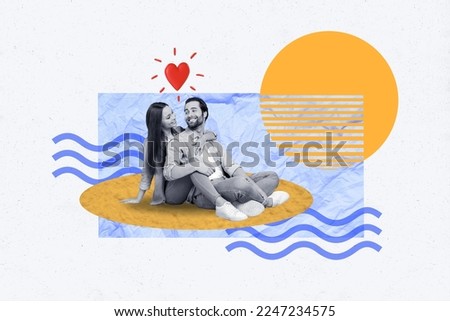 Photo collage comics sketch picture of smiling happy lady guy enjoying 14 february vacation together isolated drawing background