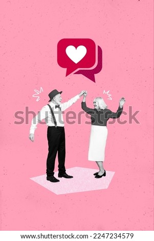 Collage artwork graphics picture of happy funny old guy lady having fun 14 february dancing isolated painting background