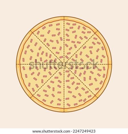 Vector pizza with bacon toppings, eight slices, divider cutting lines and yellow cheese background.