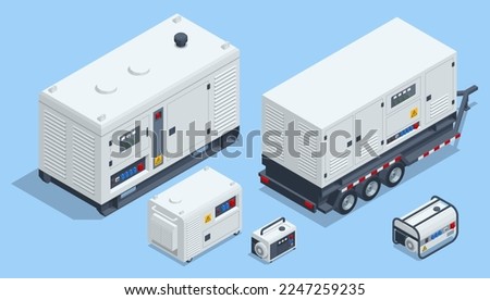 Isometric Portable electric power-generator, generator-trailer, industrial diesel generator. Standby generator. Different type of industrial and small power generators Royalty-Free Stock Photo #2247259235